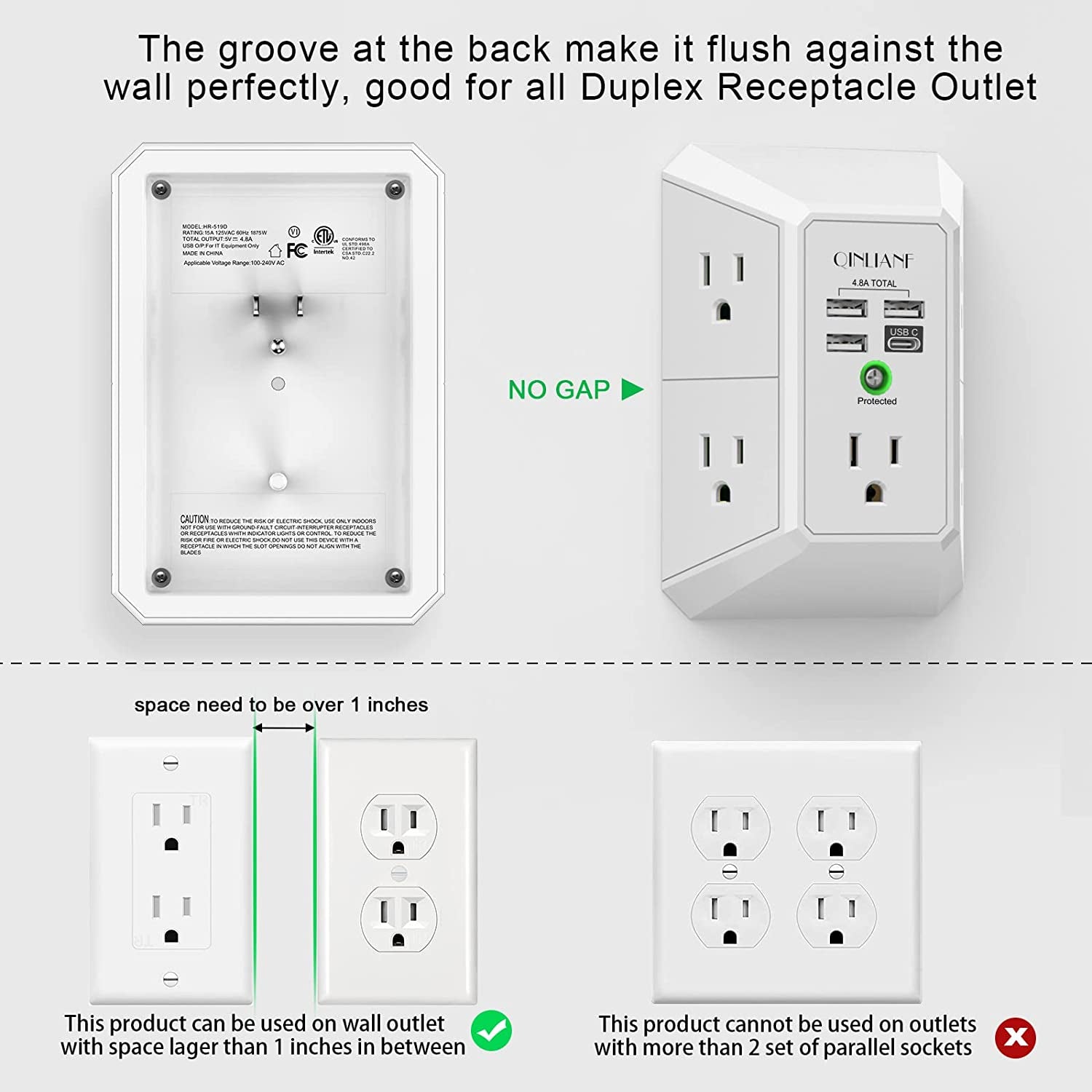 Wall Charger, Surge Protector,  5 Outlet Extender with 4 USB Charging Ports (4.8A Total) 3-Sided 1680J Power Strip Multi Plug Adapter Spaced for Home Travel Office (3U1C)