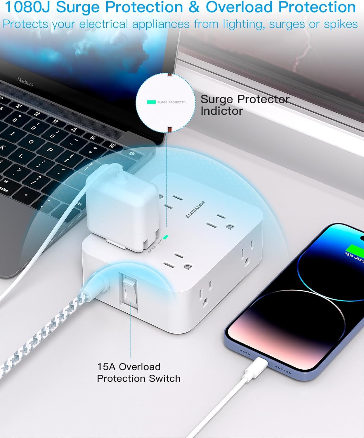 Surge Protector Power Strip - 8 Outlets with 4 USB (2 USB C) Charging Ports, Multi Plug Outlet Extender, 5Ft Braided Extension Cord, Flat Plug Wall Mount Desk USB Charging Station for Home Office ETL