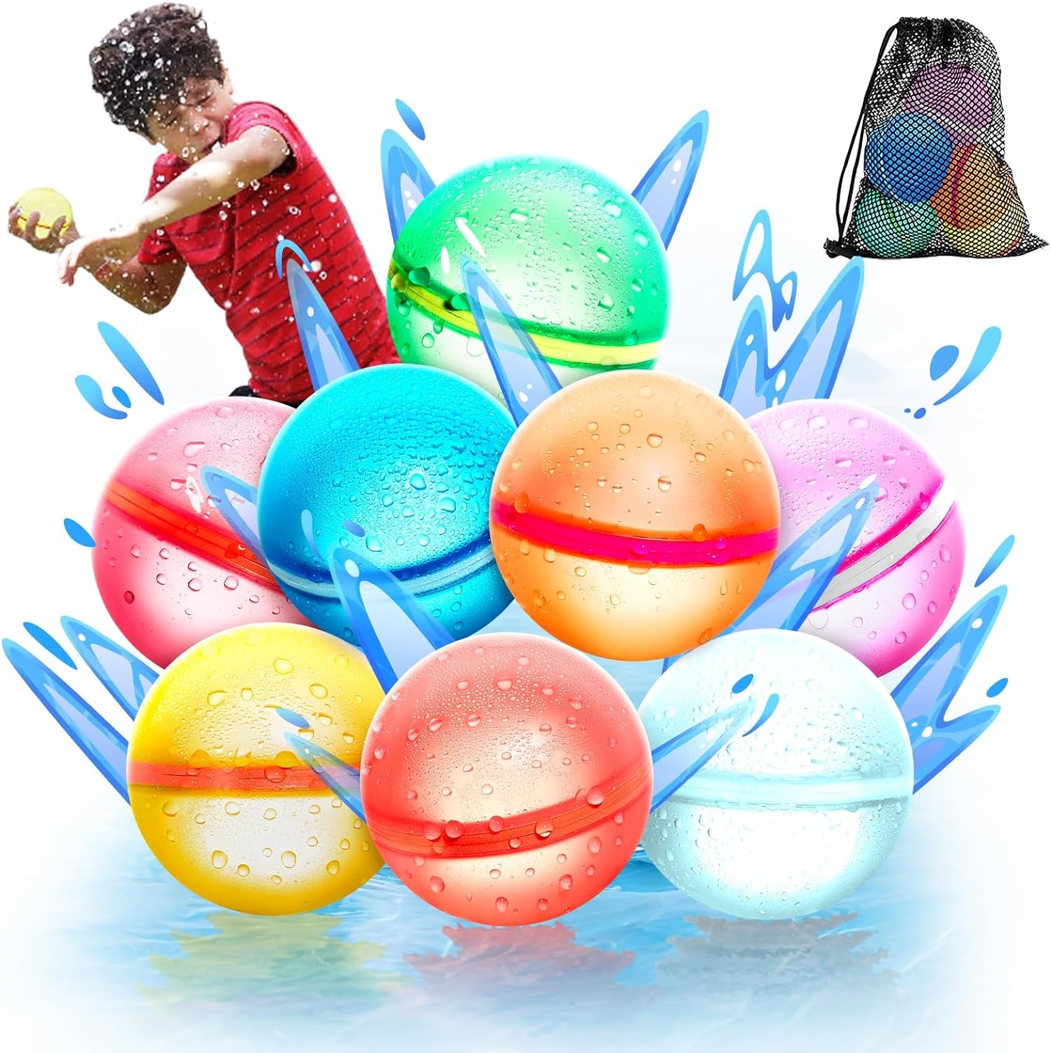 【8 Pack】Magnetic Reusable Water Balloons Fast Refillable for Kids Outdoor Activities, Latex-Free Kids Pool Beach Bath Toys, Self-Sealing Water Bomb Quick Fill for Summer Games