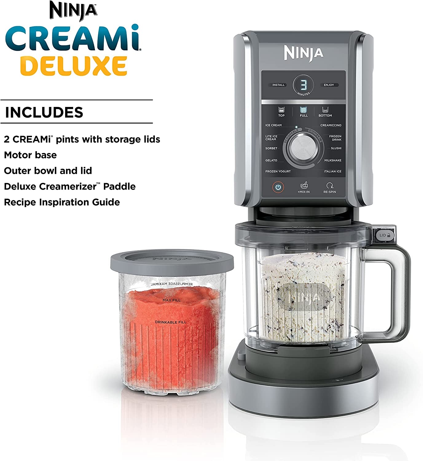 NC501 Creami Deluxe 11-In-1 Ice Cream & Frozen Treat Maker for Ice Cream, Sorbet, Milkshakes, Frozen Drinks & More, 11 Programs, Perfect for Kids, Silver, 11 Functions + (2) 24 Oz. Pints