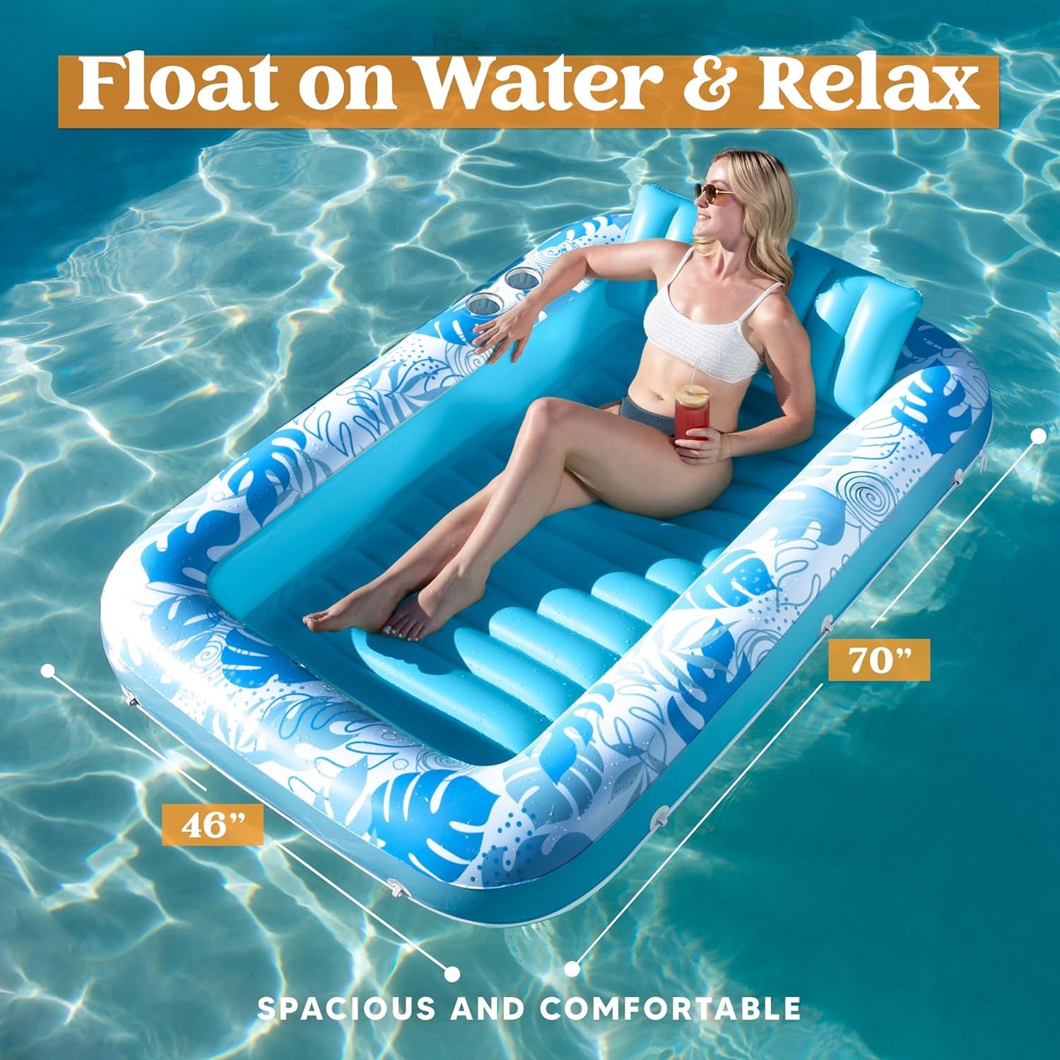 Inflatable Tanning Pool Lounger Float for Adults, 70" X 46" Large Suntan Tub Pool Floats Sun Tan Tub Ice Bath Tub Tanning Bed Blow up Pool Raft Lounge Floatie, L-Blue