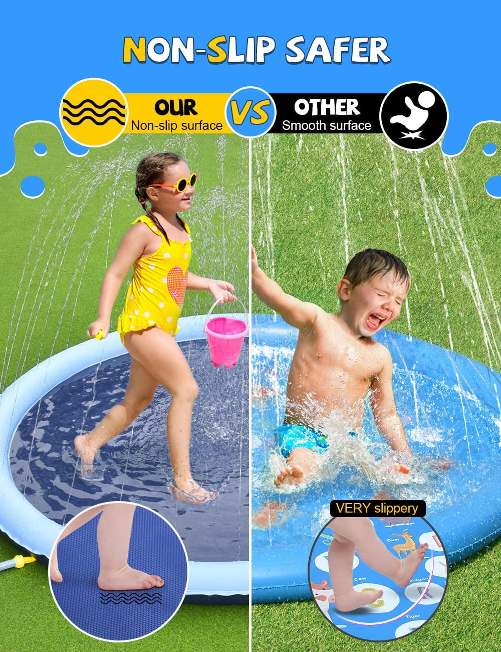 Non-Slip Splash Pad for Kids and Dog, Thicken Sprinkler Pool Summer Outdoor Water Toys - Fun Backyard Fountain Play Mat for Baby Girls Boys Children or Pet Dog (67 Inch, Blue&Blue)