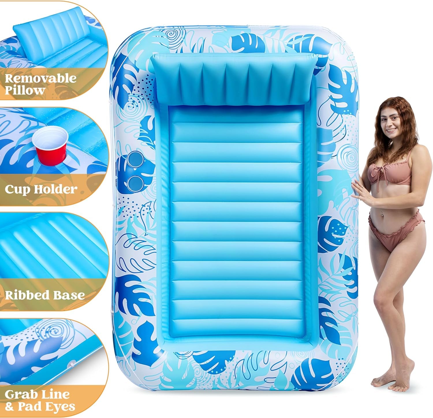 Inflatable Tanning Pool Lounger Float for Adults, 70" X 46" Large Suntan Tub Pool Floats Sun Tan Tub Ice Bath Tub Tanning Bed Blow up Pool Raft Lounge Floatie, L-Blue