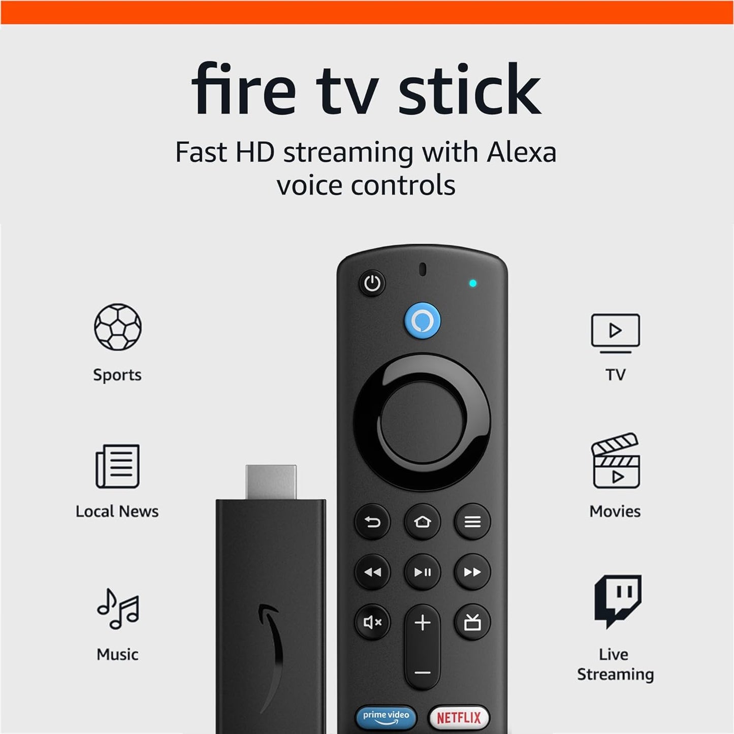 Fire TV Stick, HD, Sharp Picture Quality, Fast Streaming, Free & Live TV, Alexa Voice Remote with TV Controls